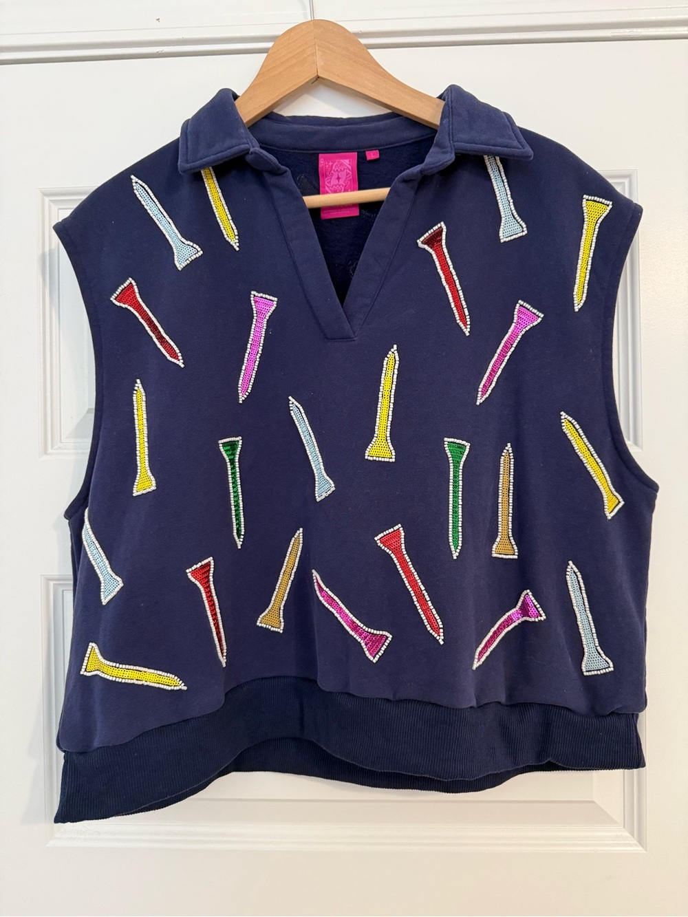 QOS: Navy Sleeveless Collared Top with Colorful Tee Appliqués